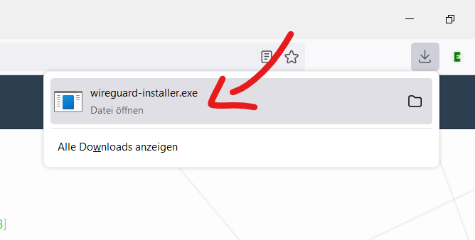 In Firefox erscheint ein Download-Untermenü in der Funktionsleite, wenn Sie eine Datei herunterladen. Klicken Sie auf die Datei mit dem Namen wireguard-installer.exe.